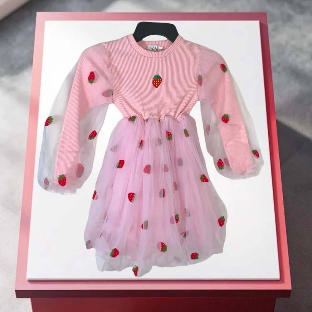 Lola & The Boys Boutique Pink Netted Strawberries Dress Spring Easter Girls Sz 8 - Picture 5 of 8